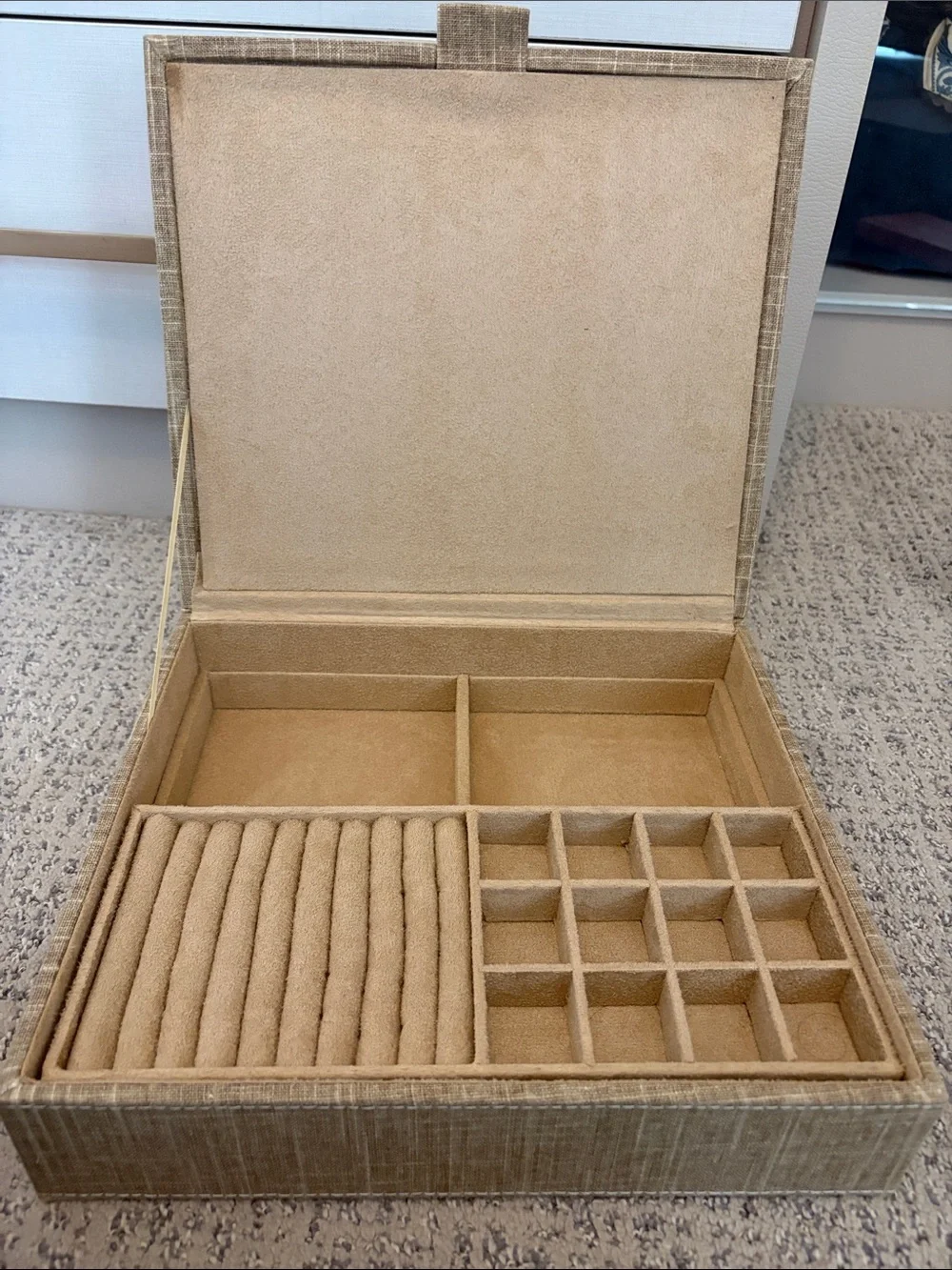 Beige Jewelry Organizer Box with Ring Rolls and Compartments